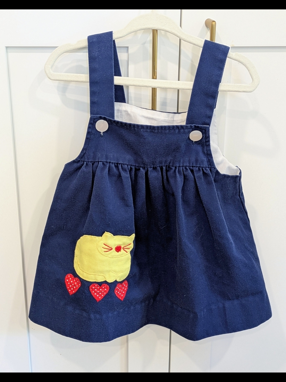 Vintage Toddler Navy Pinafore Dress with Yellow Cat Applique